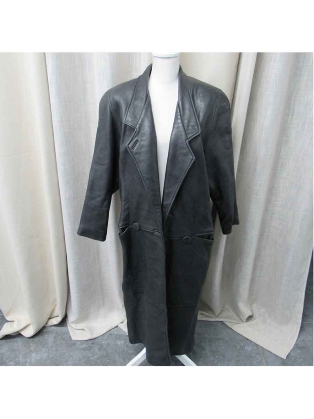 VTG 80s Cassidy Black Leather Trench Coat Matrix Duster Jacket Women's M